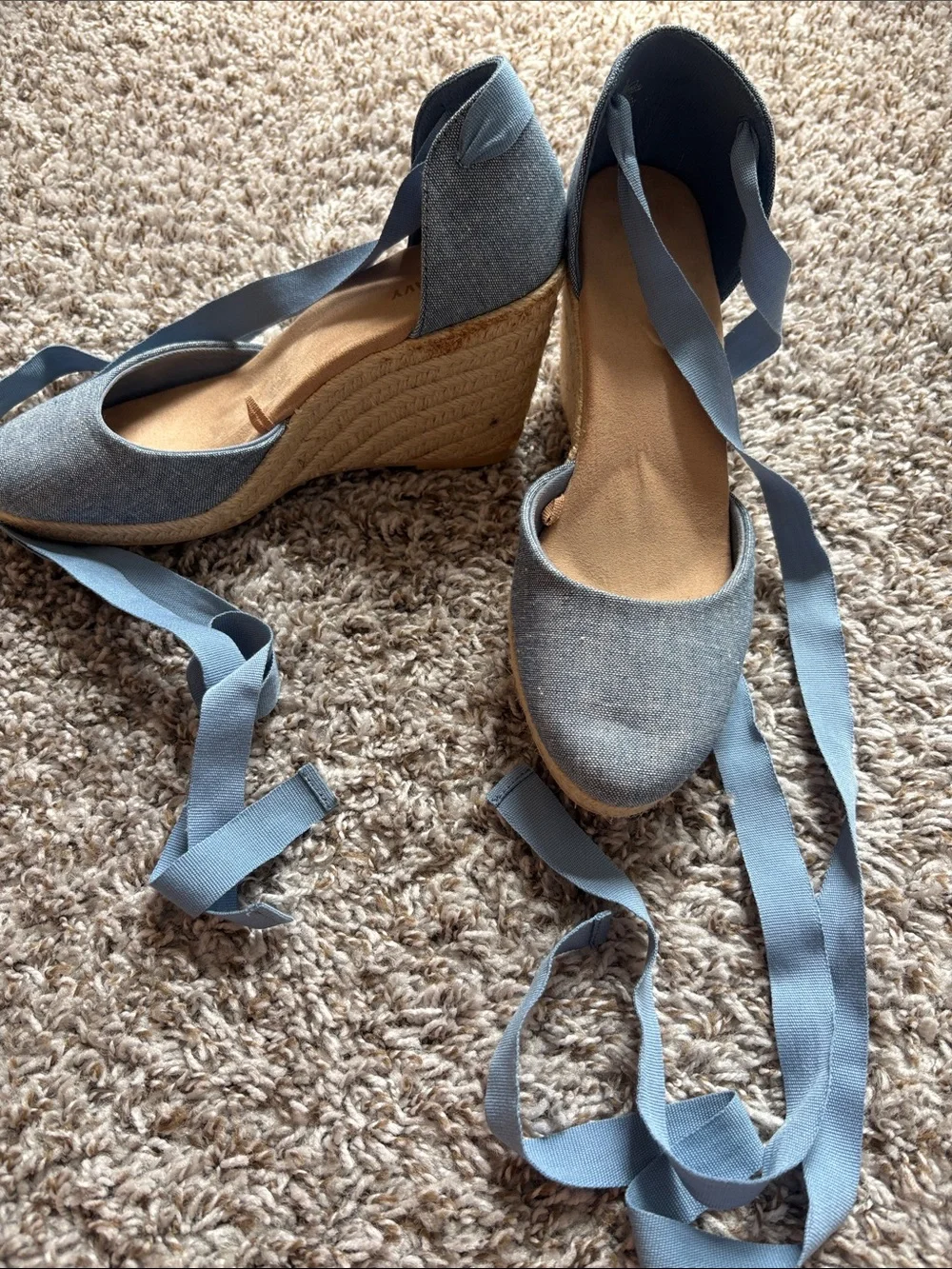 Chambray Blue Espadrille Wedge Sandals with Ankle Wrap